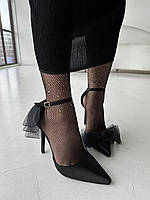 Жіночий святковий чорні туфлі на ремінці. Святкові жіночі атласні туфлі на підборах