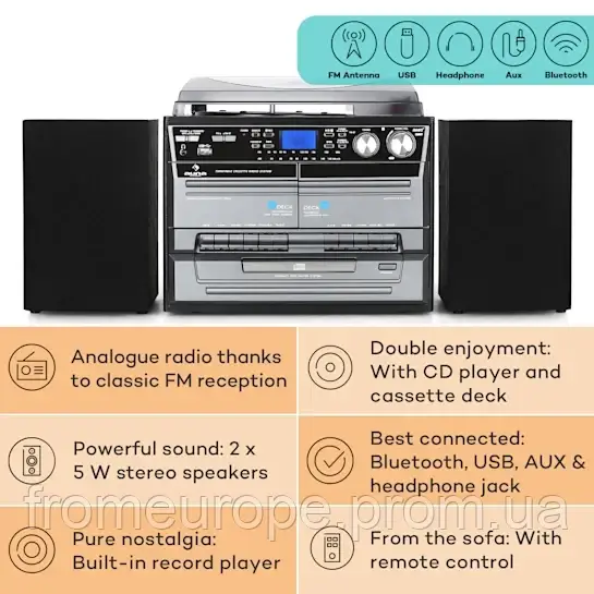 Музыкальный центр, стереосистема Auna, виниловый проигрыватель Auna TC-386, USB, MP3, BT, CD касета - фото 2 - id-p2070497751