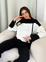 Стильный ангоровый костюм рубчик двухцветный с прямыми брюками палаццо и удлиненным свитером с горловиной черный, 48/52