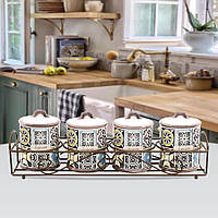 Набір банок для спецій і сипких продуктів 5 предметів Maestro MR-20005-04CS Набір ємностей на підставці з кераміки