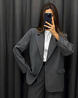 Женский брючной классический,деловой графитовый оверсайз костюм 2-ка ( пиджак удлиненный + брюки палаццо) 44/46, M-L