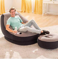 Кресло надувное с пуфом 137х102х79 см Intex серое велюровое, надувной диван садовый с пуфом для ног для отдыха