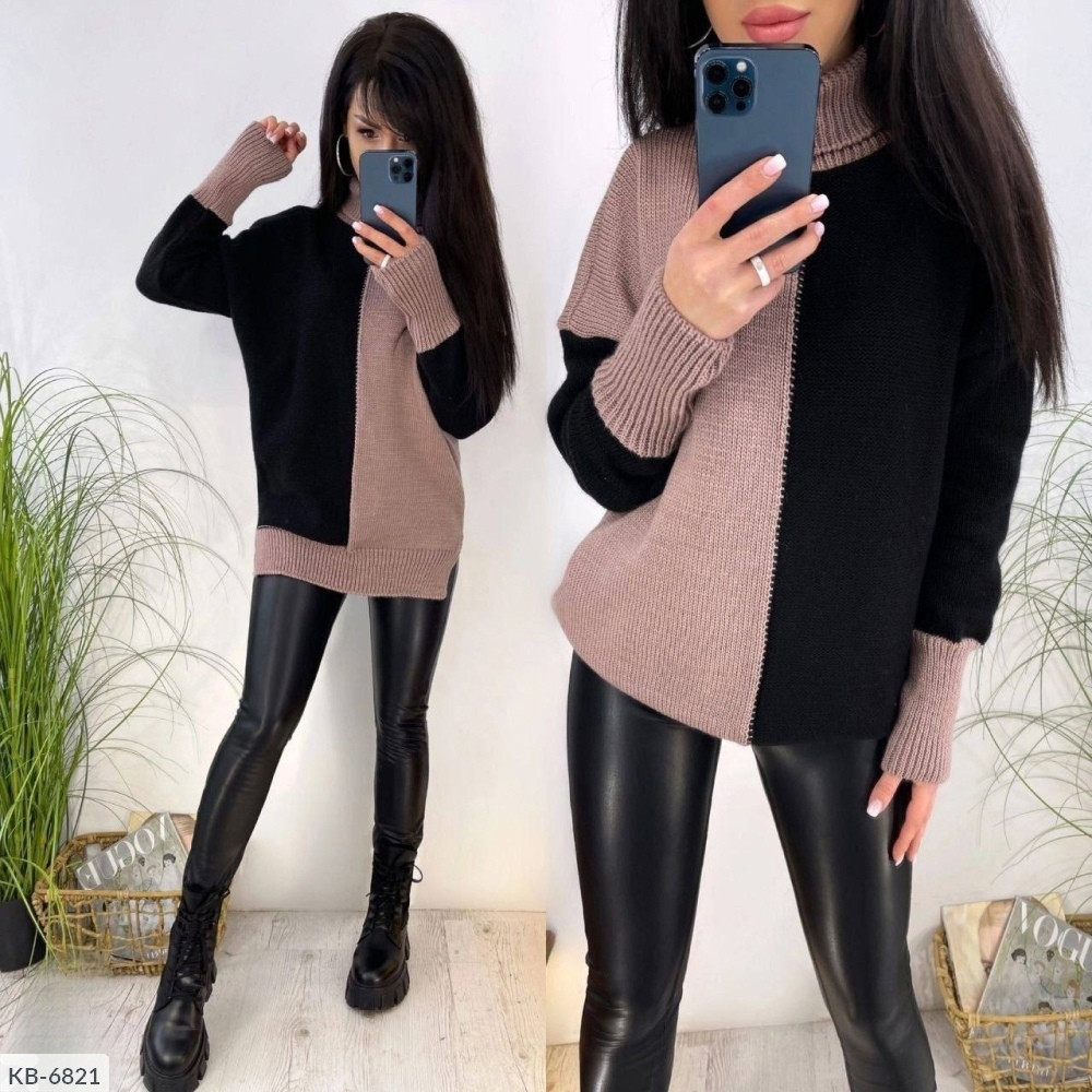 Светр-туніка в'язаний жіночий стильний оригінальний двокольоровий вільного фасону в'язка розмір 42-48 арт 6821