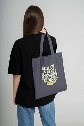Патріотична еко-сумка для покупок "Тризуб квітковий" графіт, фото 2
