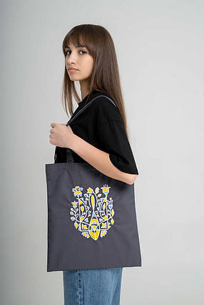 Патріотична еко-сумка для покупок "Тризуб квітковий" графіт, фото 2