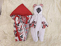 Комплект с принтом Вышиванка для новорожденных девочек на выписку, белый с красным