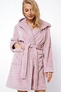 Теплий короткий жіночий халат Aruelle Sweetie bathrobe рожевий, Теплий комфортний халат з капюшоном M