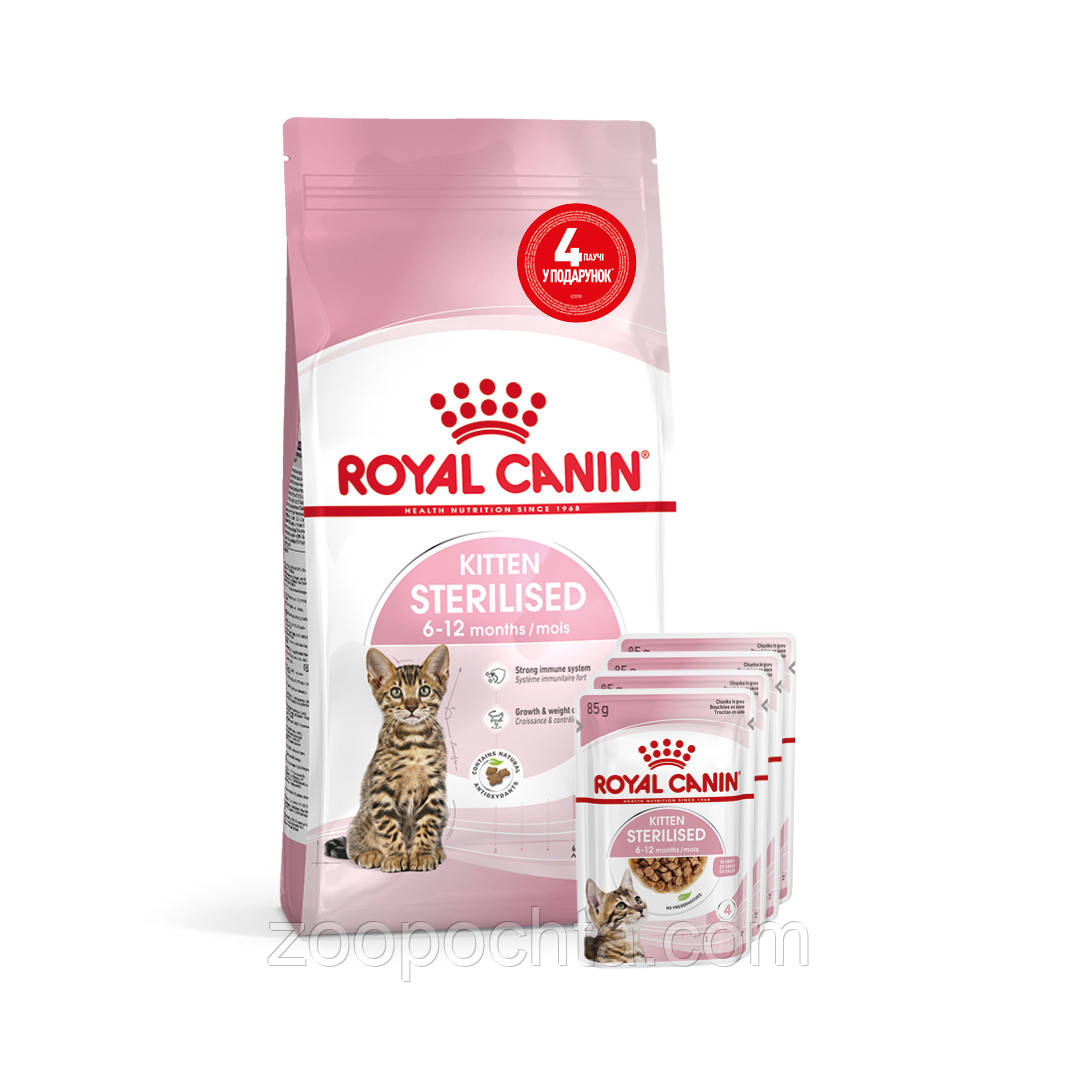 АКЦІЯ! Сухий корм Royal Canin Kitten Sterilised (Кітен) для стерилізованих кошенят 2КГ + 4 пауча У ПОДАРУНОК!