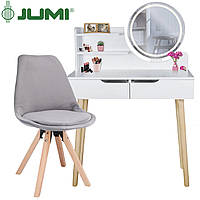 Туалетный столик Jumi SCANDI LED + кресло Saida серый / зеркало диаметром 40см