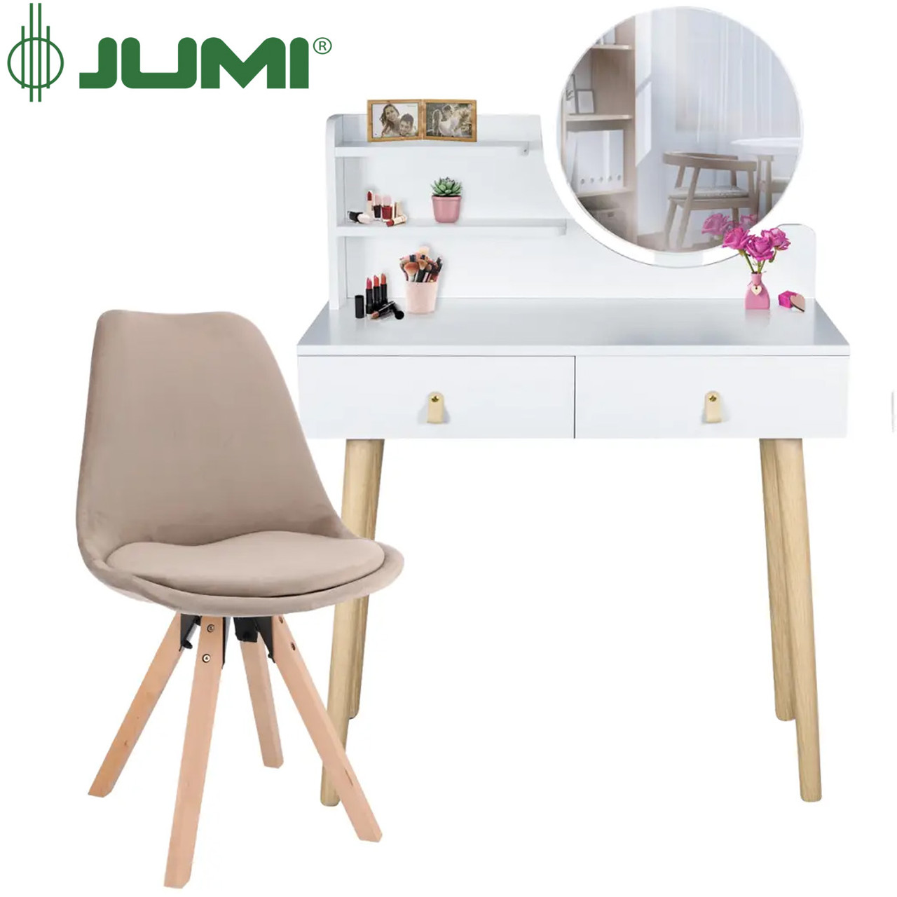 Туалетний столик Jumi SCANDI + крісло Saida бежевий (шкіряні ручки)/ Матеріал стола — МДФ;