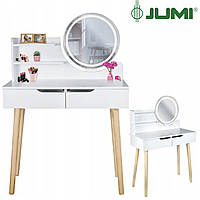 Туалетный столик Jumi Scandi LED подсветка, с ящиками, белый / Диаметр зеркала: 40см