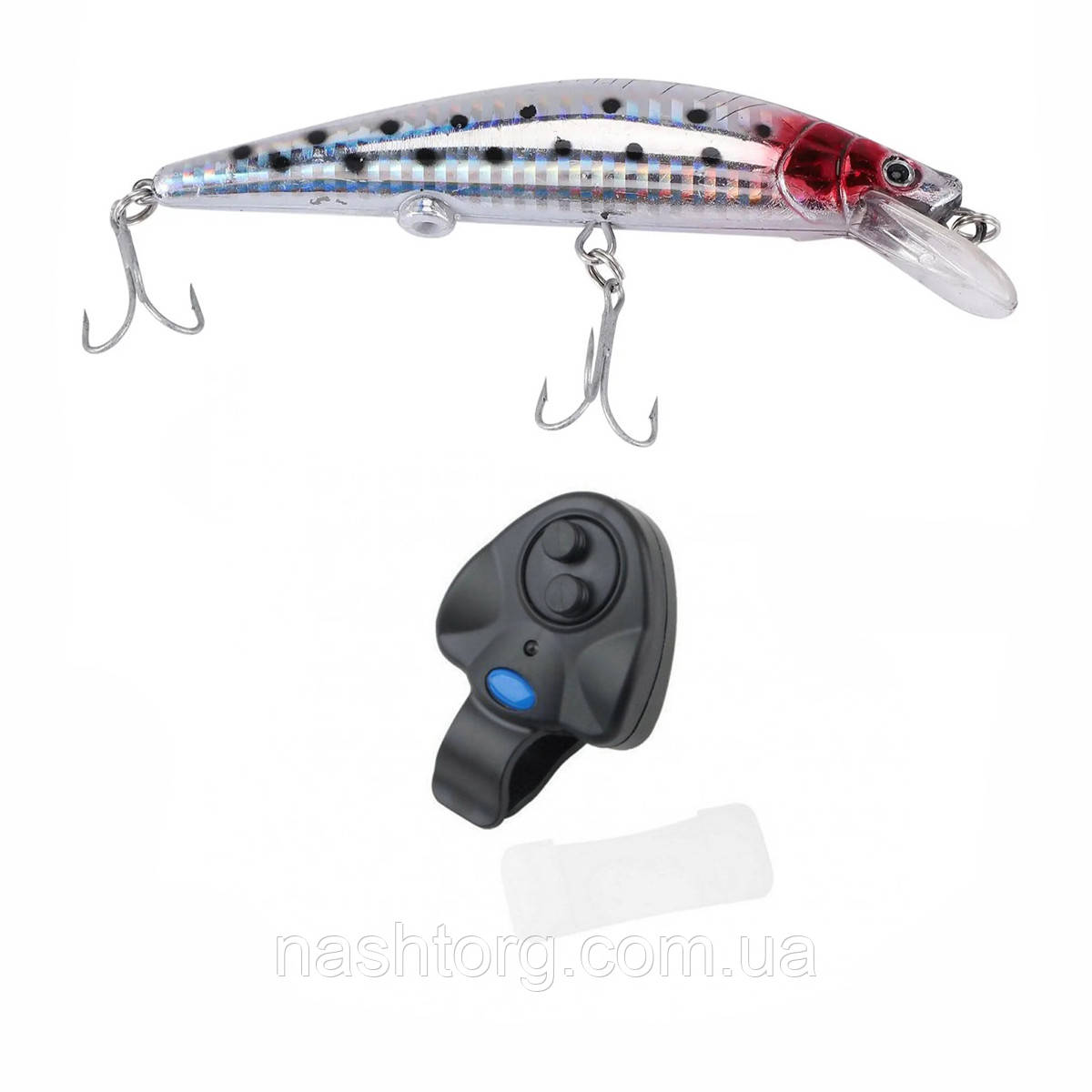 Набор: Сигнализатор поклевки "Fish Alarm Clip" и приманка для ловли рыбы "Twitching Lure" 18г на 2 крючка (NT) - фото 1 - id-p2070752223