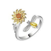 Милое женское обручальное кольцо Пчела на Подсолнухе цветке с оранжевыми фианитами размер регулируемый