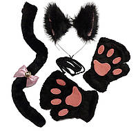 Набор: кошачьи ободок Ушки Хвост Перчатки, костюм карнавальный, нарядный кот, аниме, косплей 10375