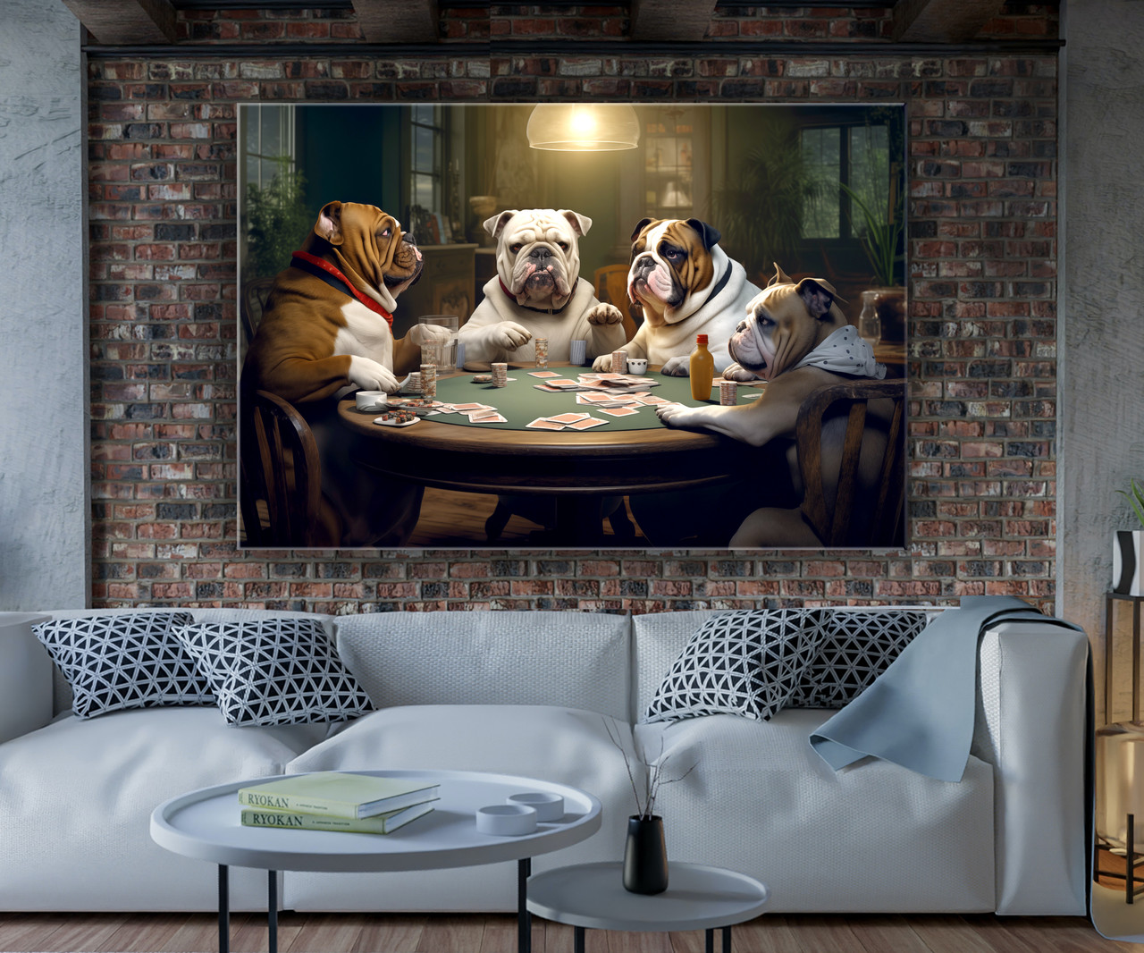 Стильна картина інтер'єрна на полотні для кабінету, офісу, кафе, ресторану Англійські бульдоги грають у карти, фото 1