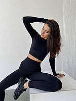 Рашгард спортивный черный Женский спортивный топ с длинными рукавами для тренировок
