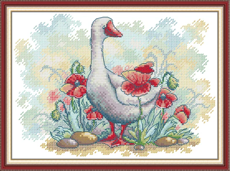Набір для вишивання за нанесеною на канву схемою "White Goose and Poppies".AIDA 14CT printed , 30*21 см