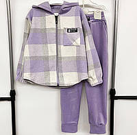 Костюм детский подростковый, кашемировая клетчатая рубашка с капюшоном, штаны велюровые, Сиреневый, 146-152