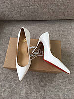 Женские белые кожаные туфли лодочки на среднем каблуке лабутен Лабутены Christian Louboutin So Kate 12 см кожа