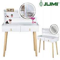 Туалетный столик Jumi Scandi LED подсветка, с ящиками, кожаные ручки, белый . Диаметр зеркала: 40см