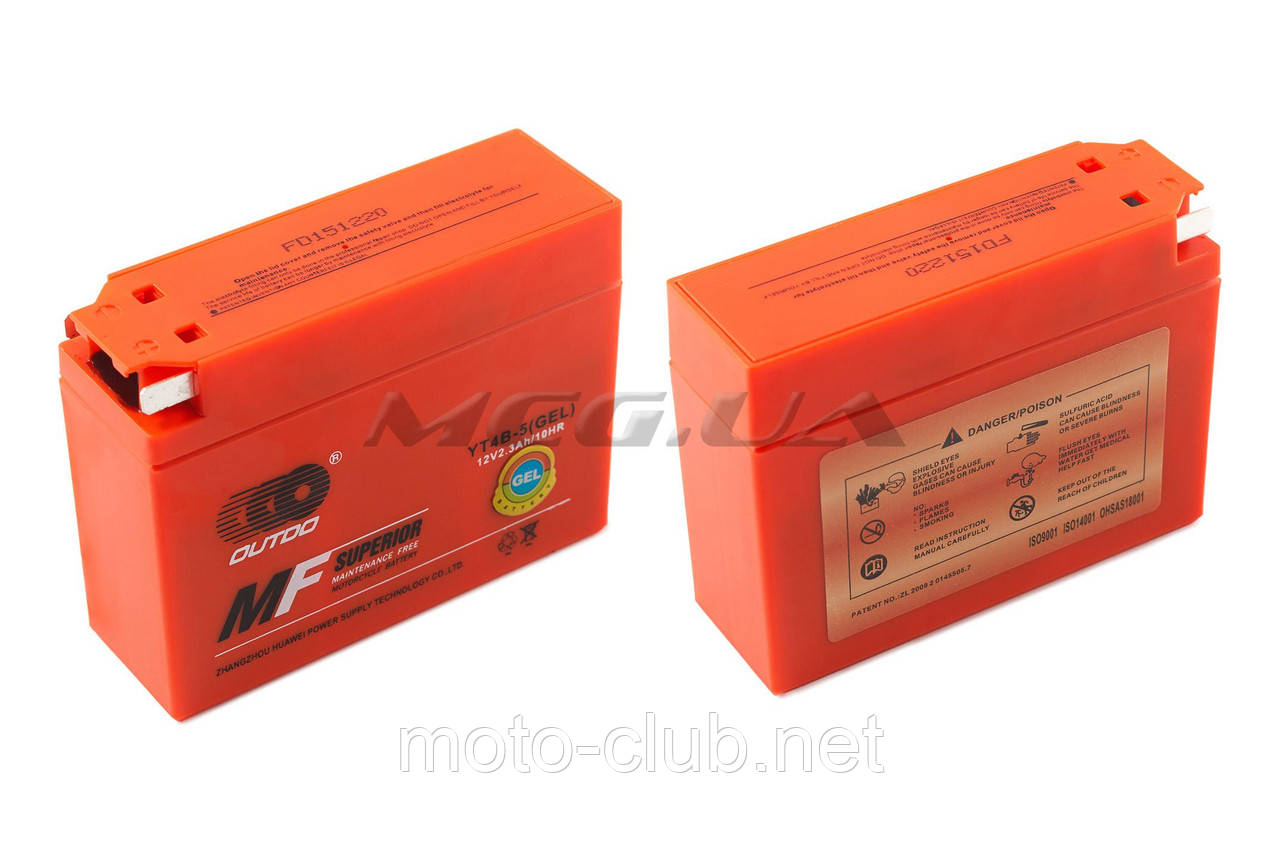 Акумулятор на мототехніку 12 V 2,3 А гелевий, Suzuki "OUTDO" (113x39x89, жовтогарячий, mod:YT4B-5), фото 1