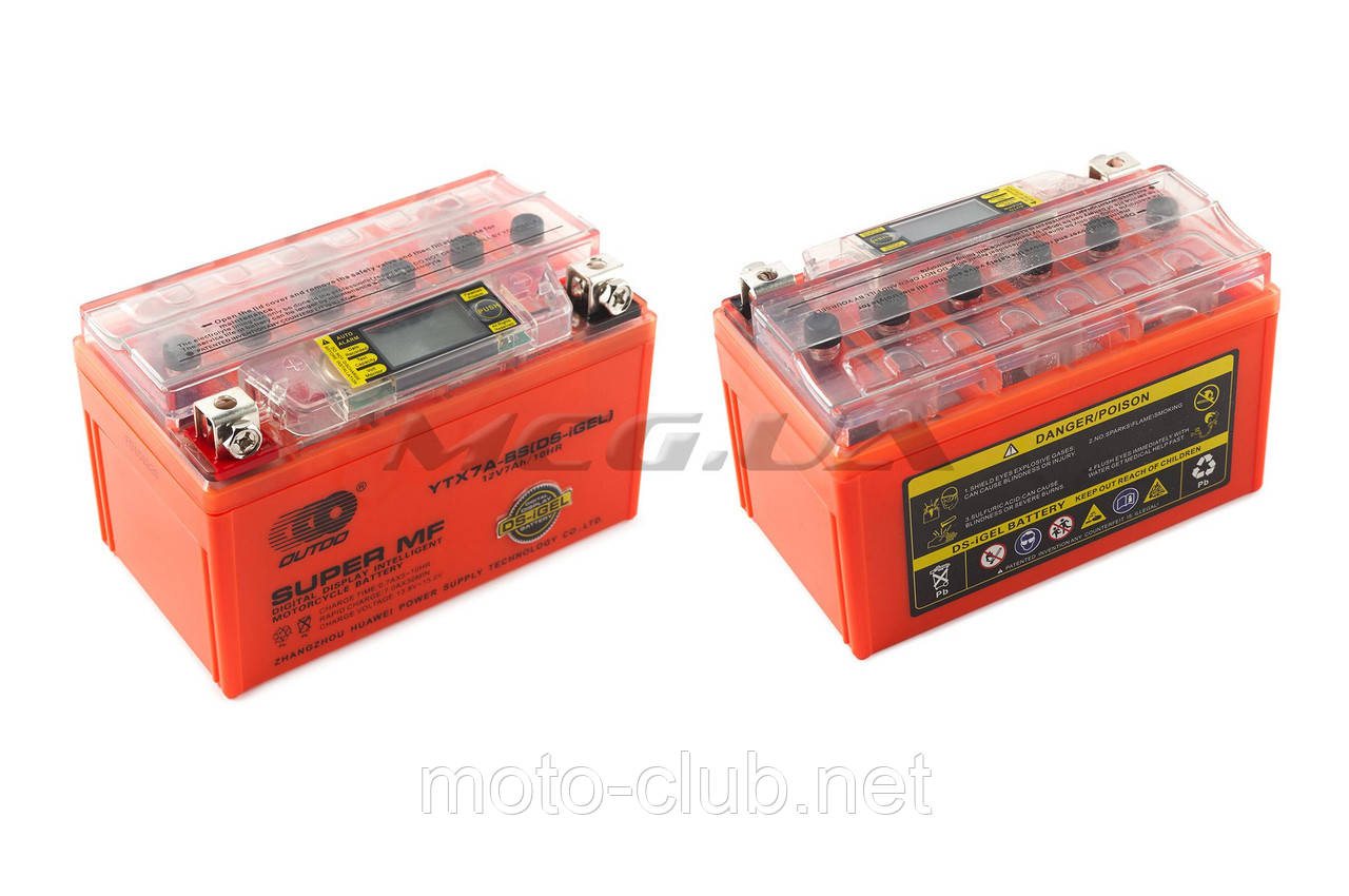 Акумулятор на мототехніку 12 V 7 А гелевий "OUTDO" (150x85x95, жовтогарячий, з індикатором заряду, вольтметром)