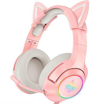 Ігрові навушники ONIKUMA дротові usb котячі вушка LED Gaming CAT K9 Pink