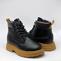 Чорні шкіряні зимові черевики утеплені хутром для дівчаток з бічною блискавкою