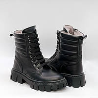 Зимние детские ботинки черные на меху из натуральной кожи на тракторной подошве