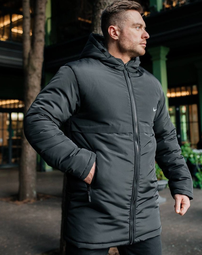 Куртка чоловіча зимова Nike подовжений теплий пуховик з капюшоном Туреччина. Живе фото. Чоловічий парк - пальто