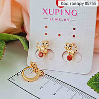 Серьги кольца 1см, Котики с красным камнем, золотистая бижутерия Xuping 18K