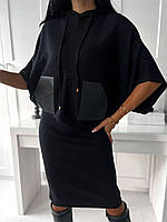 Женский теплый деловой костюм с юбкой из двусторонней ангоры и вставками с эко-кожи размеры 42-52