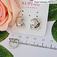 Сережки серебристые родированные, кольца Луна с камешками 1,3см бижутерия Xuping