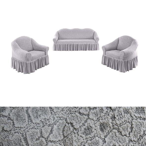 Чохли на диван тримісний та крісла зі спідницею універсальні, жаккардові чохли на дивани та крісла Сірий, фото 1