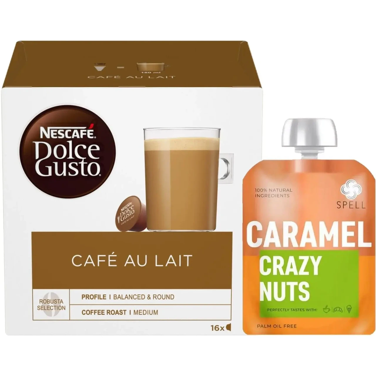 Кава в капсулах NESCAFE Dolce Gusto Cafe Au Lait 16 шт. + карамель Spell горіхова