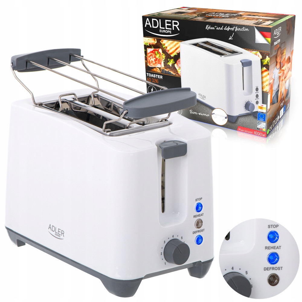 Тостер Adler AD 3216 - 1000 Вт, 2 тости, 7 рівнів підсмажування