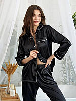Женская молодежная пижама атласная, Черная пижама на пуговицах, Атласная рубашка и брюки XL