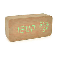 Электронные часы VST-862S Wooden (Green), с датчиком температуры и влажности, будильник, питание от кабеля