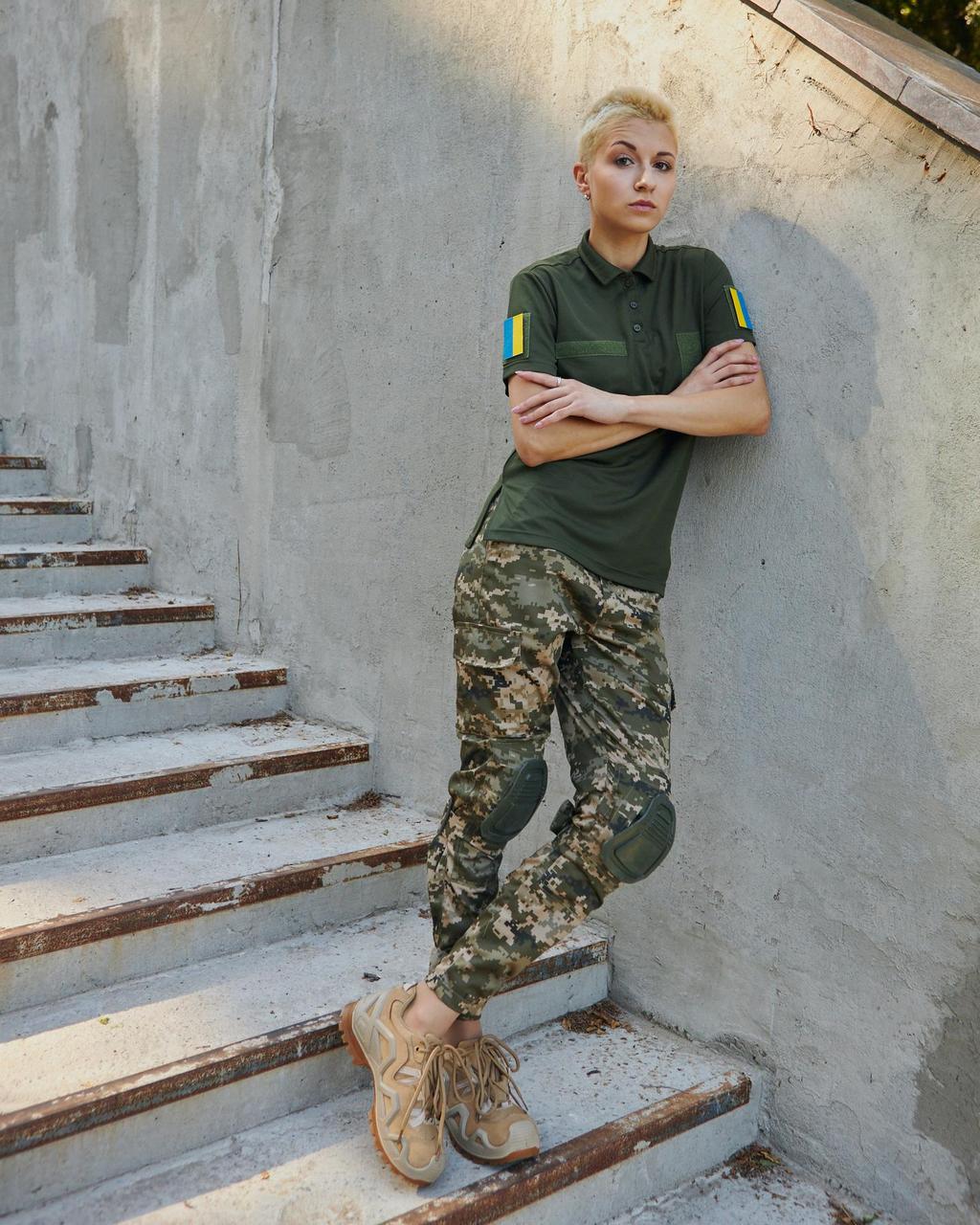 Військовий жіночий комплект для ЗСУ на теплу погоду, комплект жіночий поло футболка + штани піксель