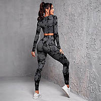 Мраморный спортивный женский костюм для йоги и фитнеса (рашгард и лосины с эффектом пуш-ап) мраморный