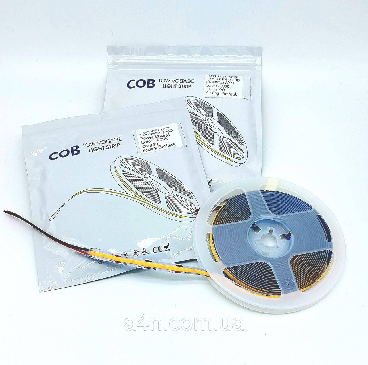 Світлодіодна COB стрічка 12V 320 LED/м суцільного світіння лед 3000k теплий білий