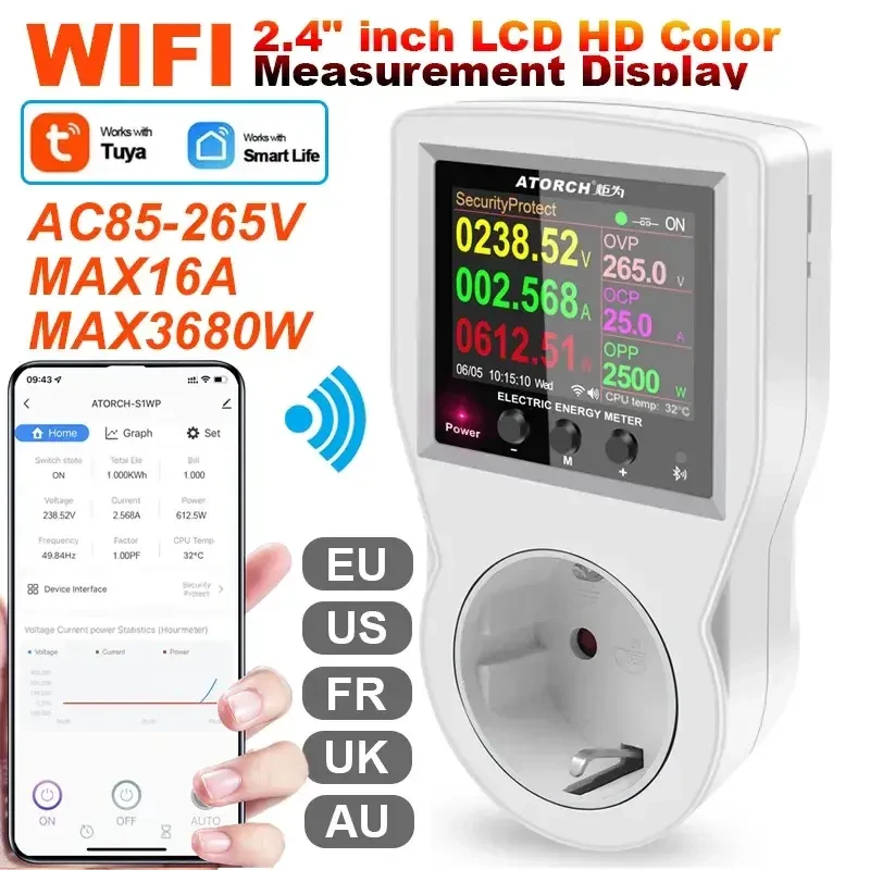 Смарт-розетка Atorch S1W-WiFi Лічильник електроенергії AC 85-265V 16 А Ватметр (3680 Вт)