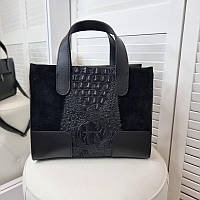 Стильна жіноча сумка красива середня модна чорна замша+шкірзам