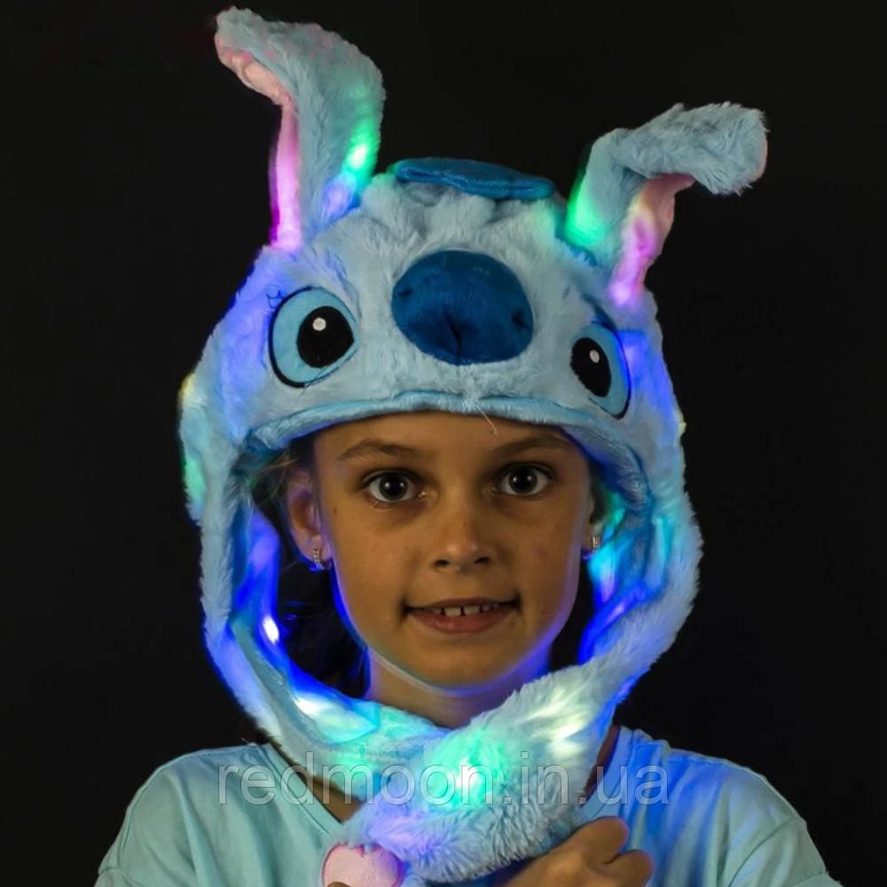 Светящаяся шапка с двигающимися ушами, Стич / Карнавальная шапка с LED подсветкой для детей / Шапка с ушками - фото 6 - id-p2071718677
