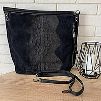 Большая женская замшевая сумка формат А4 мешок рептилия черная "Lv"