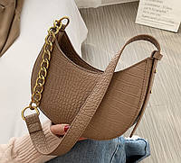 Женская сумка слинг, Бананка сумка для девушки, мини сумочка багет под рептилию Светло-коричневый "Lv"