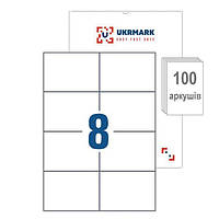 UKRMARK A4-08-WT-100, 8 этикеток на листе А4, 74мм х 105 мм, уп.100л, этикетки самоклеящиеся