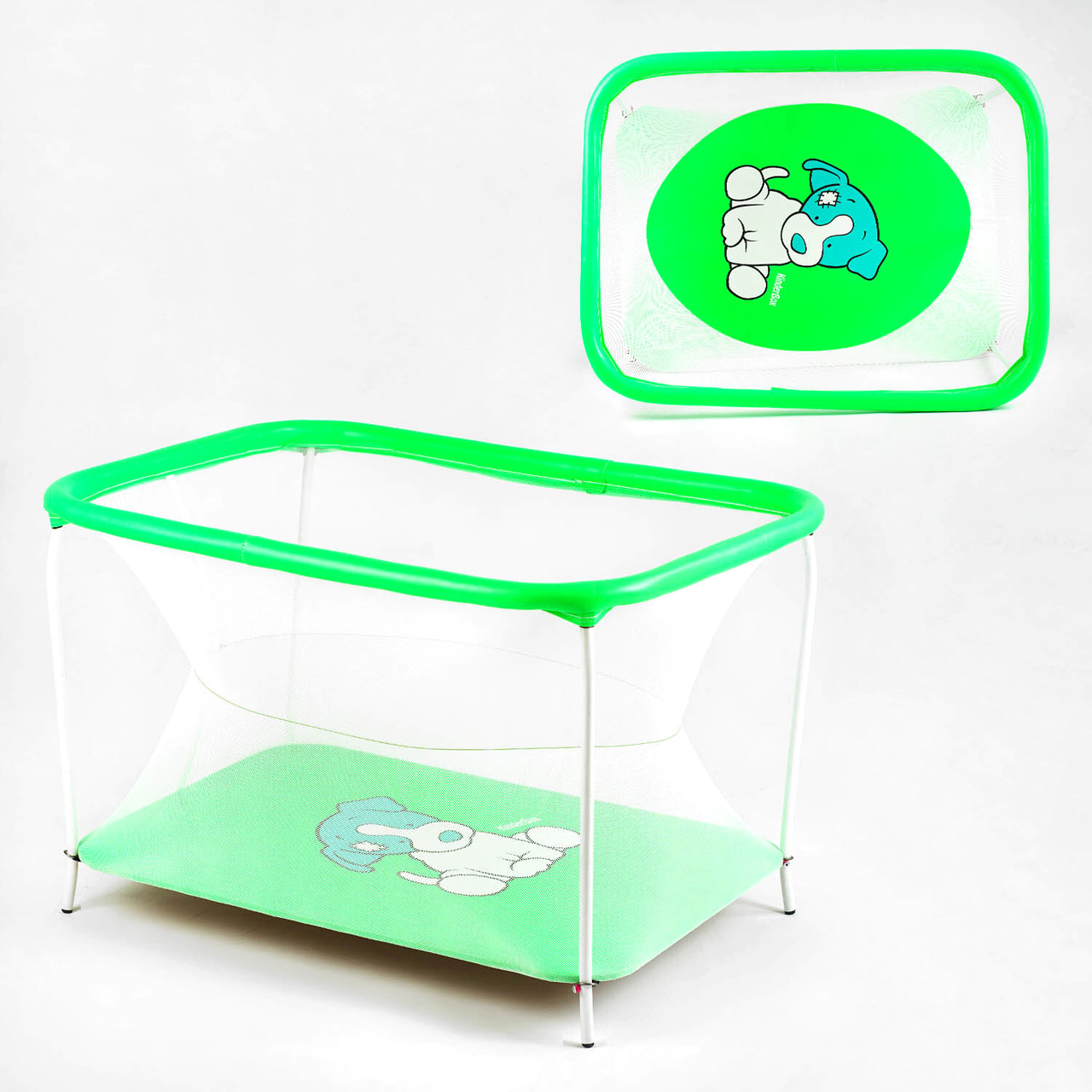 Манеж дитячий ігровий №10 ЛЮКС (прямокутний, м'яке дно, євро сітка) Зелений песик
