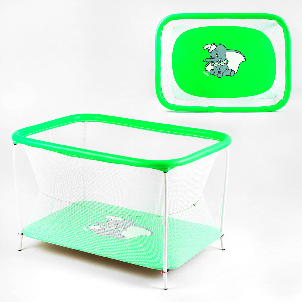 Манеж дитячий ігровий №10 ЛЮКС (прямокутний, м'яке дно, євро сітка) Зелений слоник