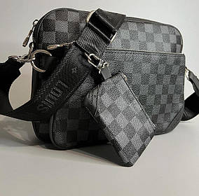 Чоловіча сумка Louis Vuitton Grey Луї Вітон сумка трійка еко шкіра з регульованим ремінцем на одне плече LV
